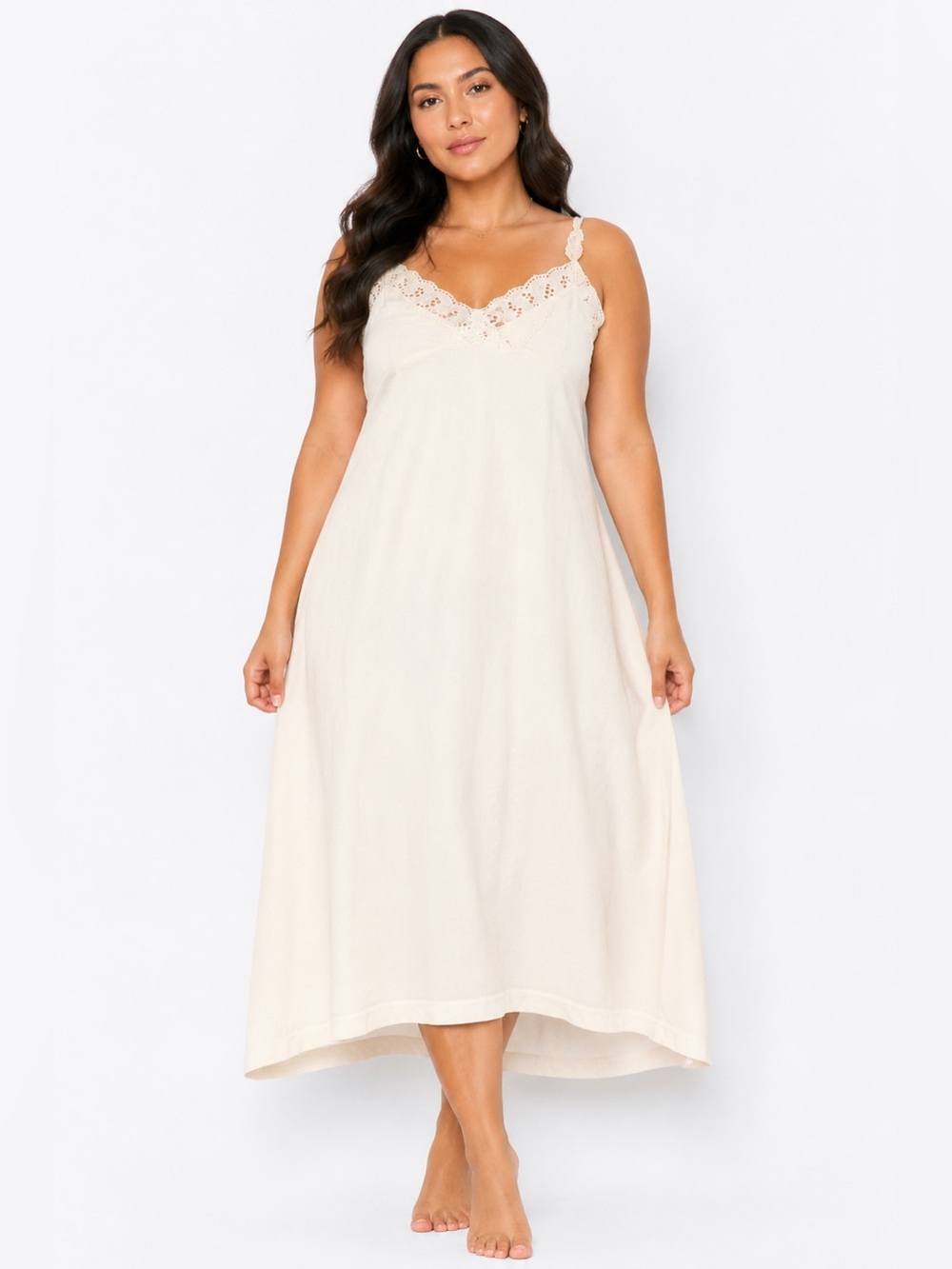 70s European Vintage Crochet Embroidery Lace Bust Midi Cotton Slip Dress Ivory M